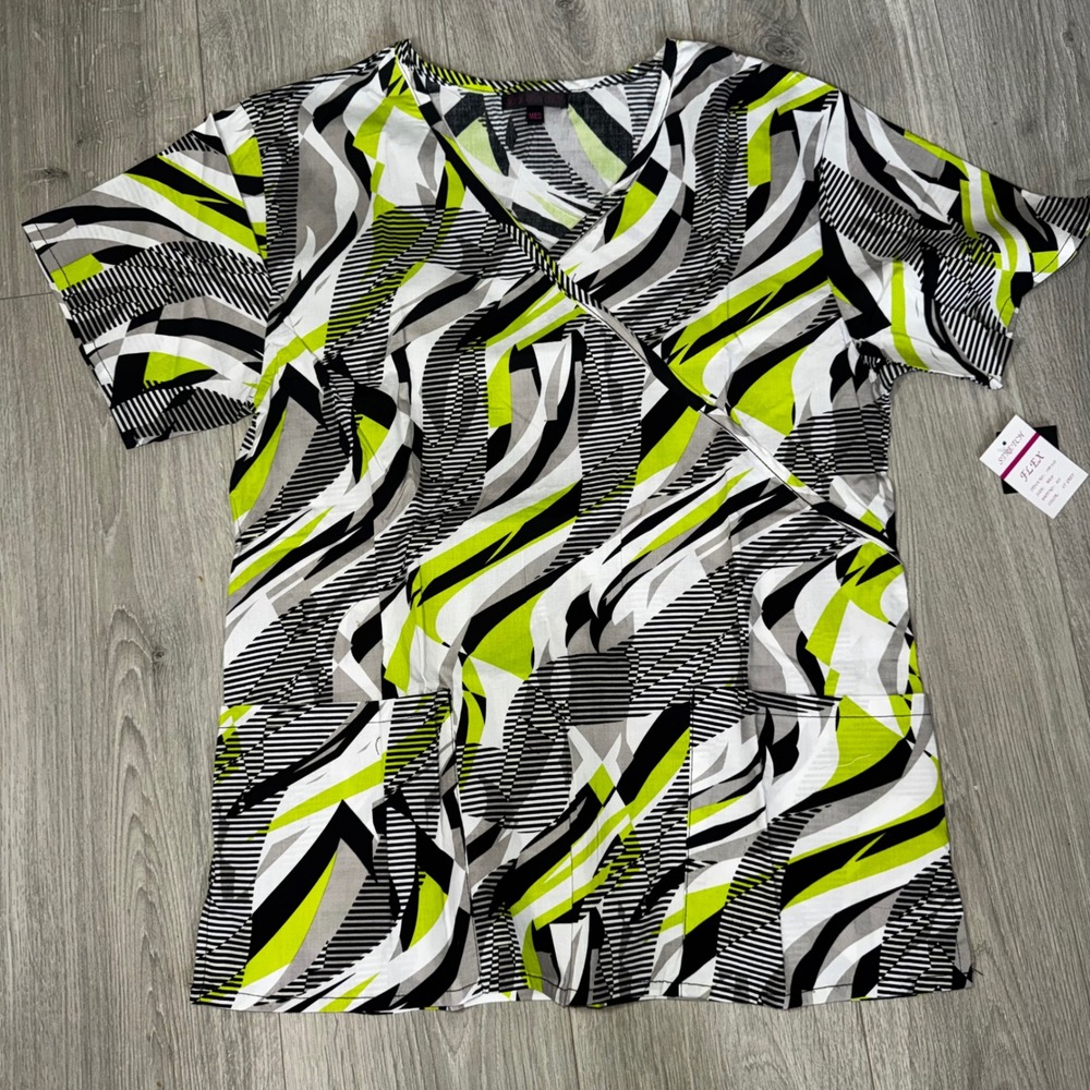 Stretch Flex Womens Scrub Top Medium Lime Green Black Abstract V-Neck 35P/110